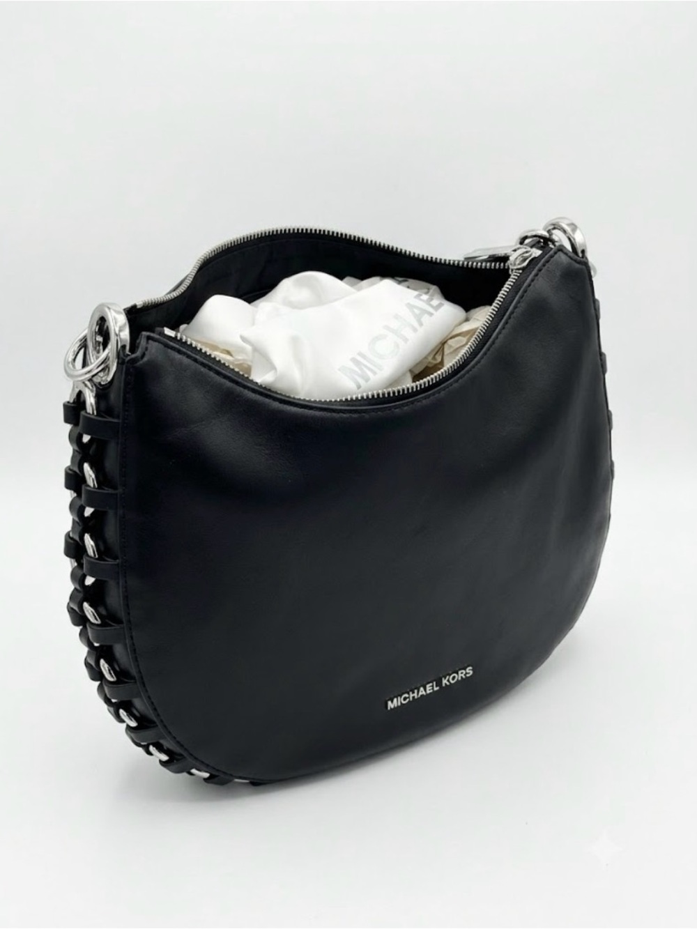 Michael Kors Black calfskin Leather Crescent Hobo with Whipstitch Trim